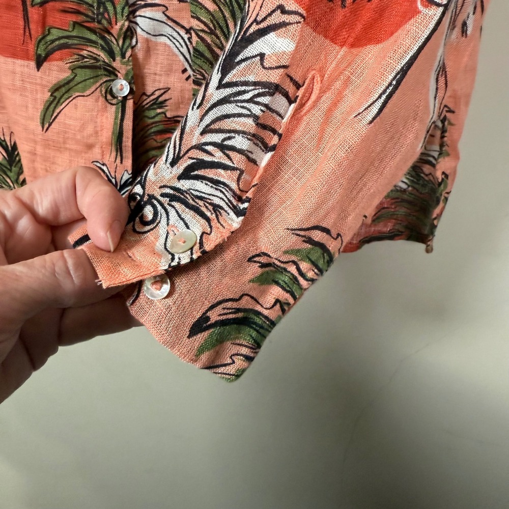 Nicole Miller European Grown Flax 100% Linen Palm Tree Button Down Blouse Large - Picture 11 of 13